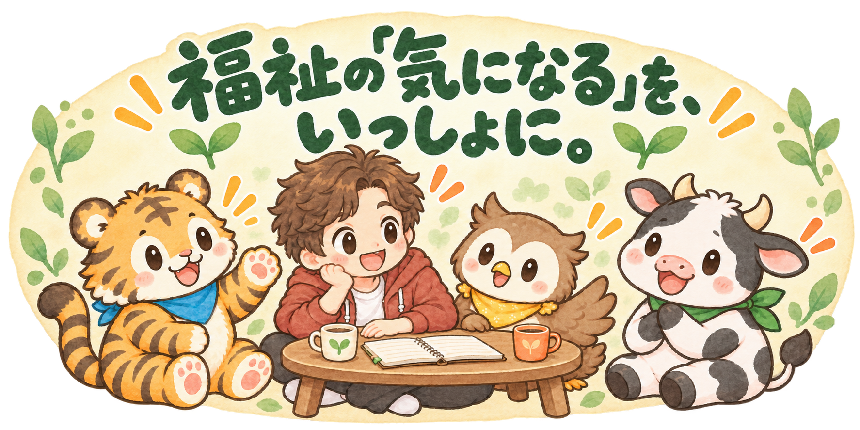 福祉の「気になる」を、いっしょに。とらまる、ぺーさん、ふくちゃん、うっしーが楽しく話すイラスト