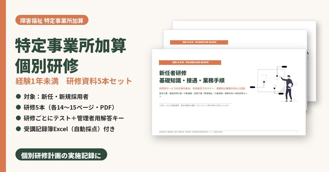 特定事業所加算 個別研修　経験1年未満セット（研修5本）　サンプル画像（見出し）