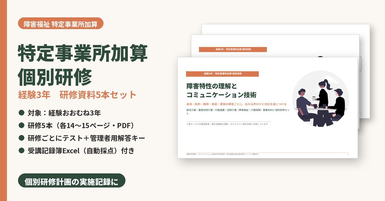 特定事業所加算 個別研修　経験3年セット（研修5本）　サンプル画像（見出し）