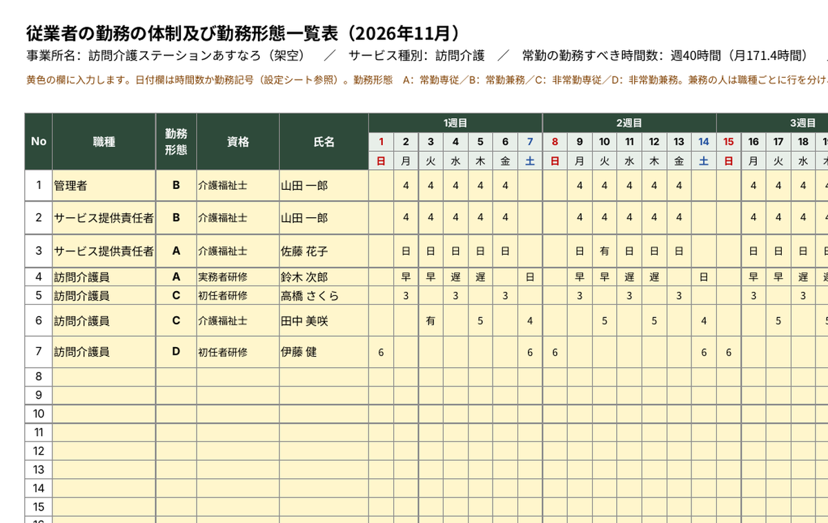 常勤換算つき勤務形態一覧表（訪問介護） サンプル画像1