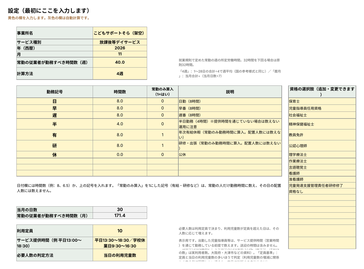 勤務形態一覧表(放課後等デイサービス・児童発達支援) サンプル画像3