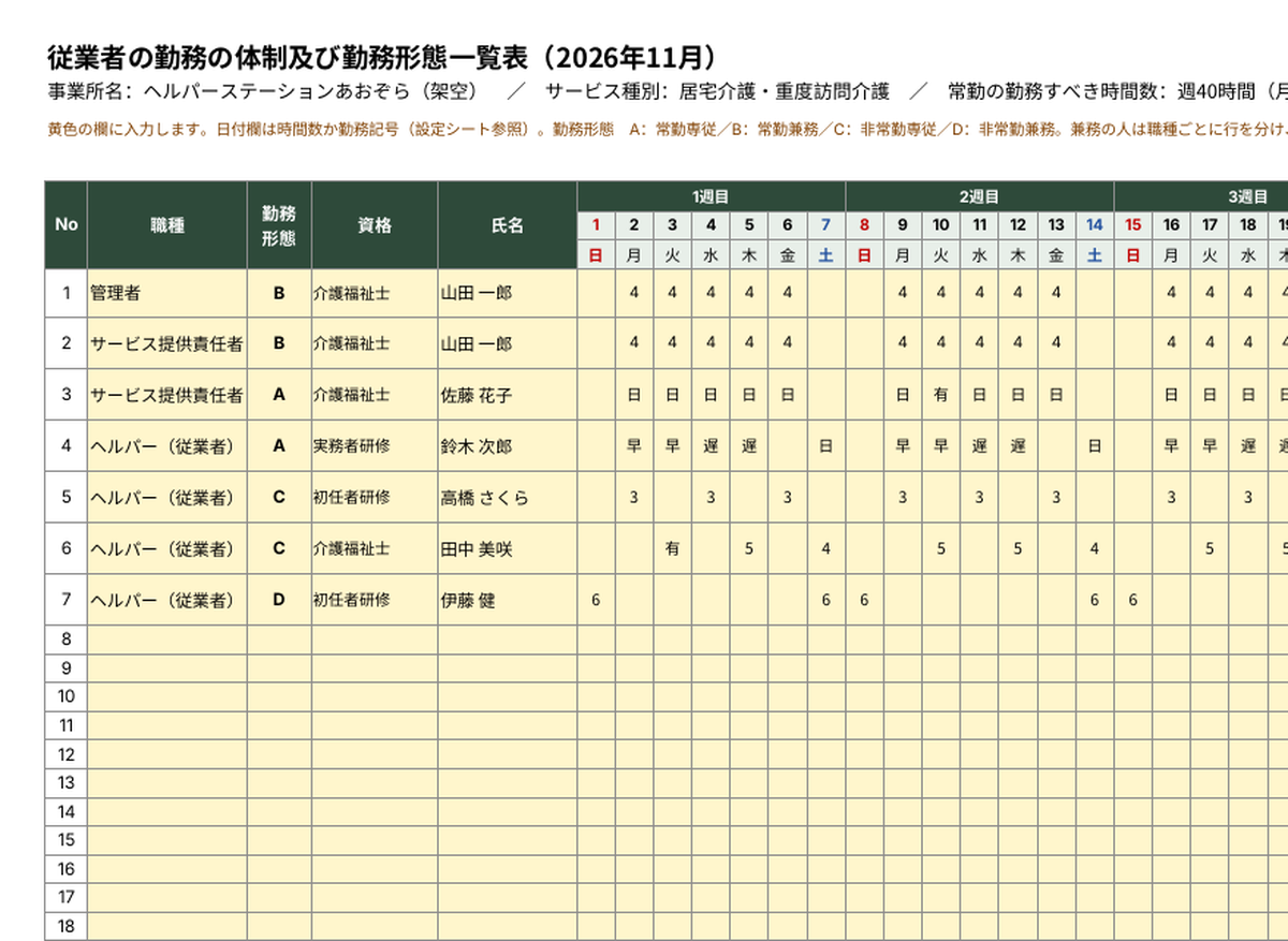 常勤換算つき勤務形態一覧表(居宅介護・重度訪問介護) サンプル画像1