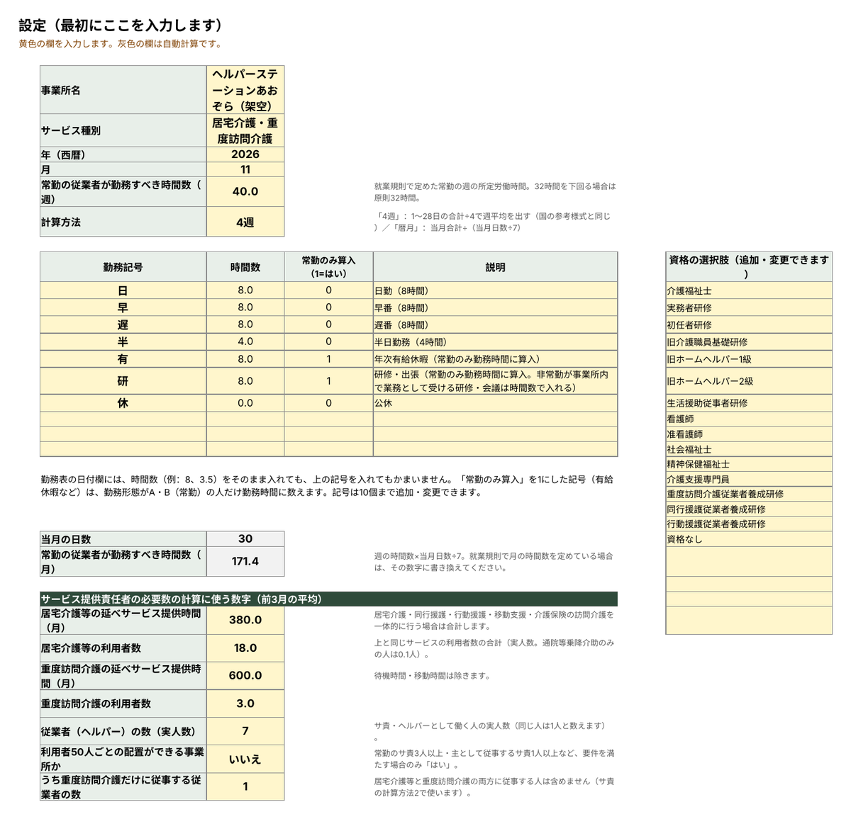 常勤換算つき勤務形態一覧表(居宅介護・重度訪問介護) サンプル画像3